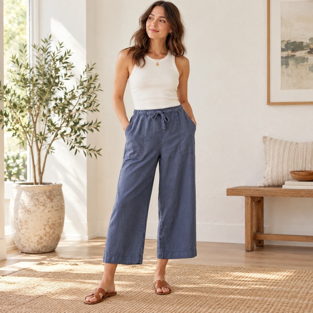 Everlane Women 12 Navy Blue 100% Linen Wide Leg Elastic Drawstring Pants